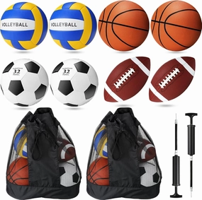 8 Pcs Sports Balls Set Include Football Basketball Soccer Volleyball with 2 Sport Equipment Bags 2 Pumps for Teens Adult Athletic Outdoor Playground Gifts