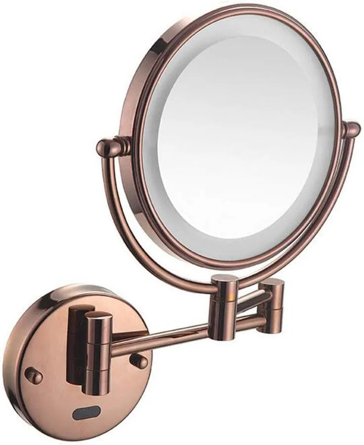 8inchLEDLighted Wall Mounted Beauty Mirror,Double-Sided Folding Bathroom Mirrors 360°Swivel Makeup Mirror Extendable Round Shape,Rose Gold(3X)