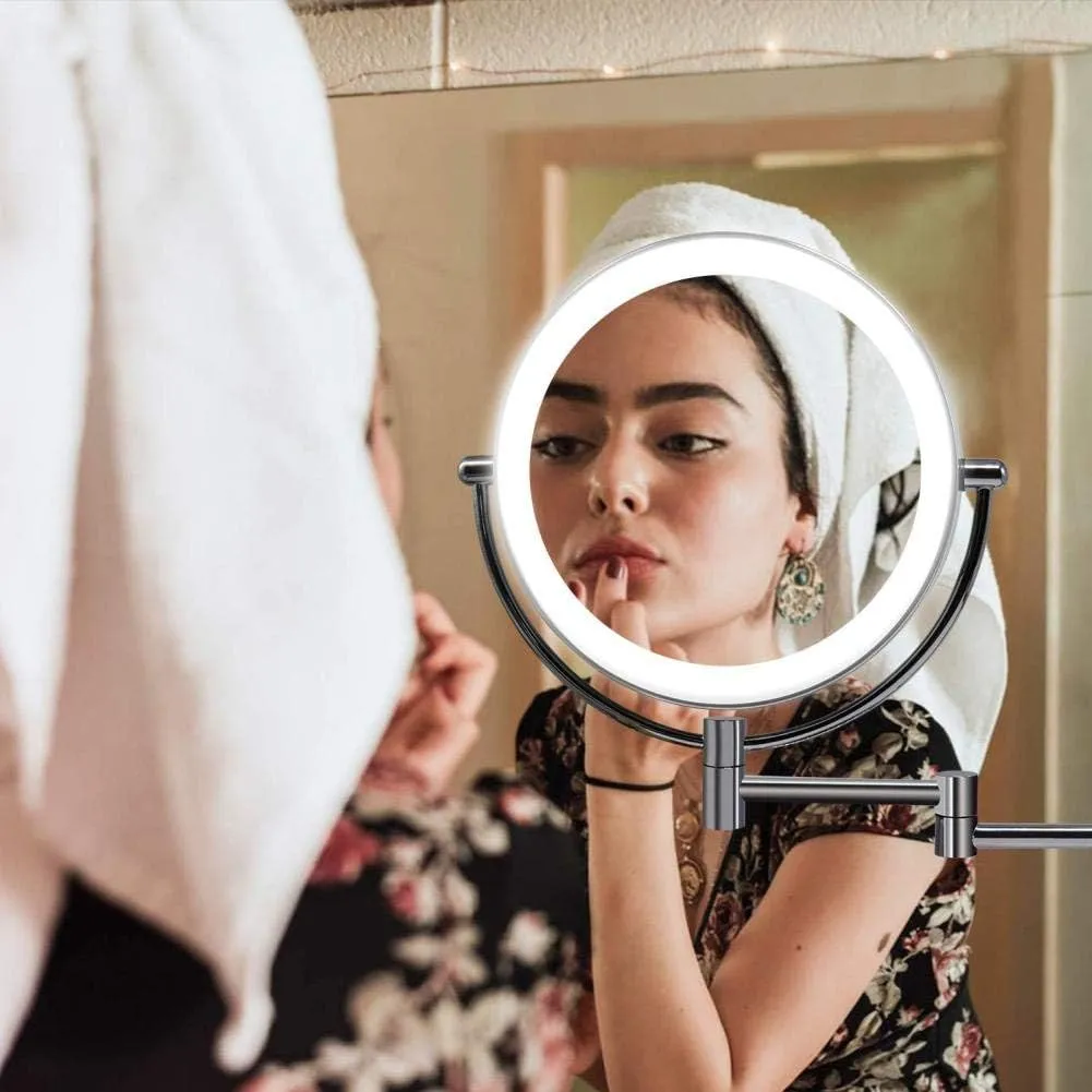 8inchLEDLighted Wall Mounted Beauty Mirror,Double-Sided Folding Bathroom Mirrors 360°Swivel Makeup Mirror Extendable Round Shape,Rose Gold(3X)