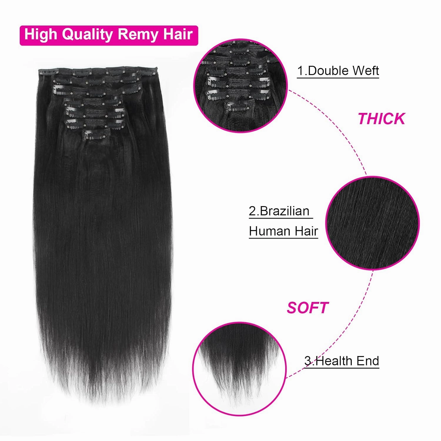 9A Yaki Clip in Extensions Human Hair Real Thick Straight Clip in Extensions Human Hair for Black Women, Remy Soft Jet Black,120 Grams 7 Pieces With 17 Clips Yaki 14 Inch