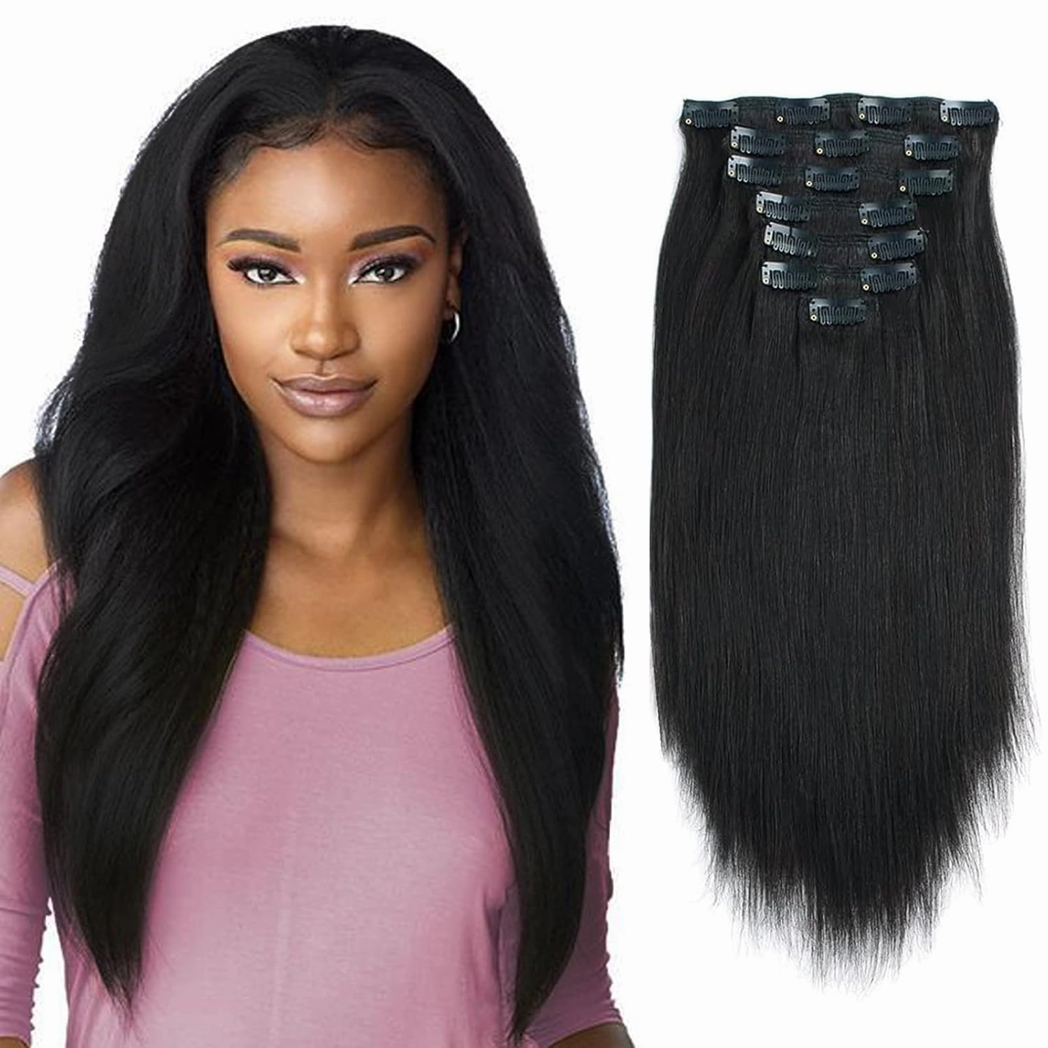 9A Yaki Clip in Extensions Human Hair Real Thick Straight Clip in Extensions Human Hair for Black Women, Remy Soft Jet Black,120 Grams 7 Pieces With 17 Clips Yaki 14 Inch