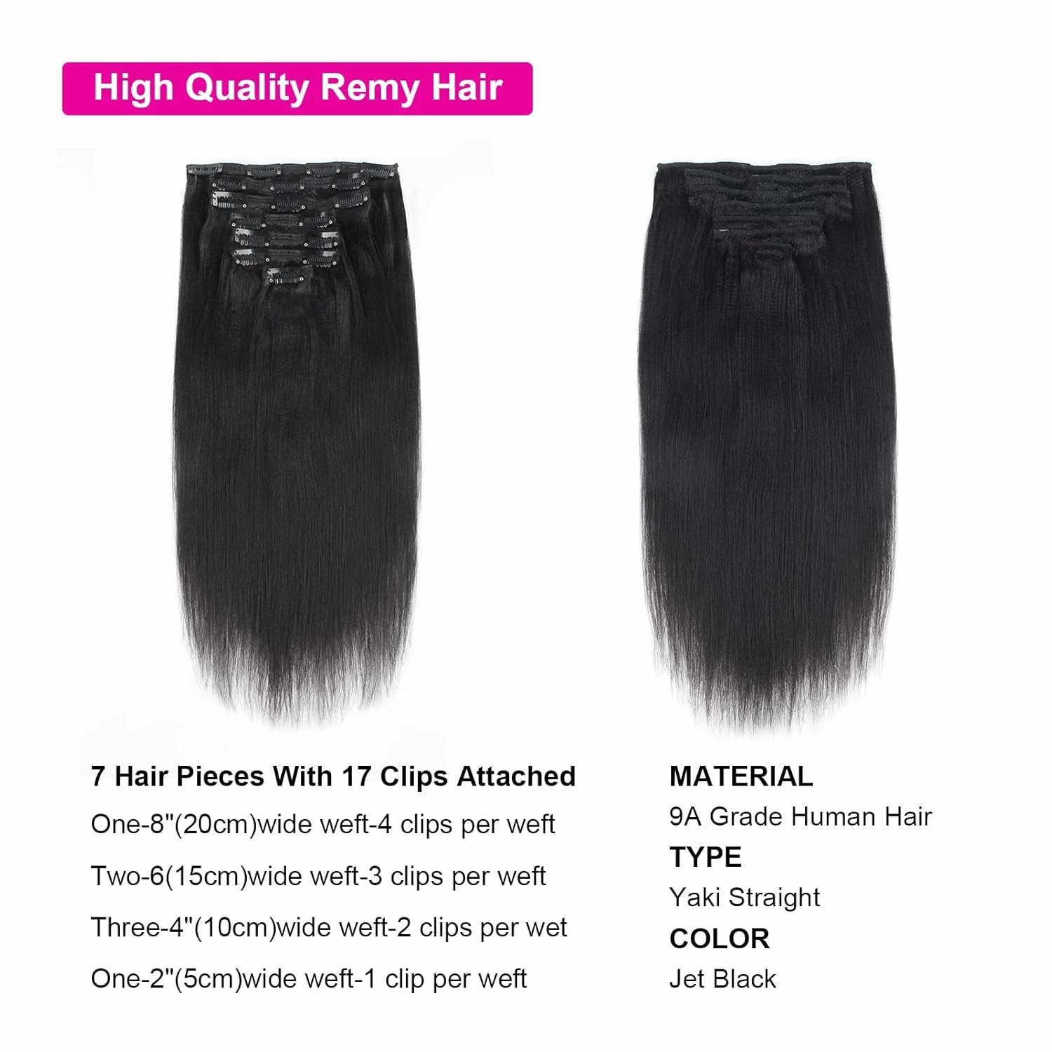 9A Yaki Clip in Extensions Human Hair Real Thick Straight Clip in Extensions Human Hair for Black Women, Remy Soft Jet Black,120 Grams 7 Pieces With 17 Clips Yaki 14 Inch