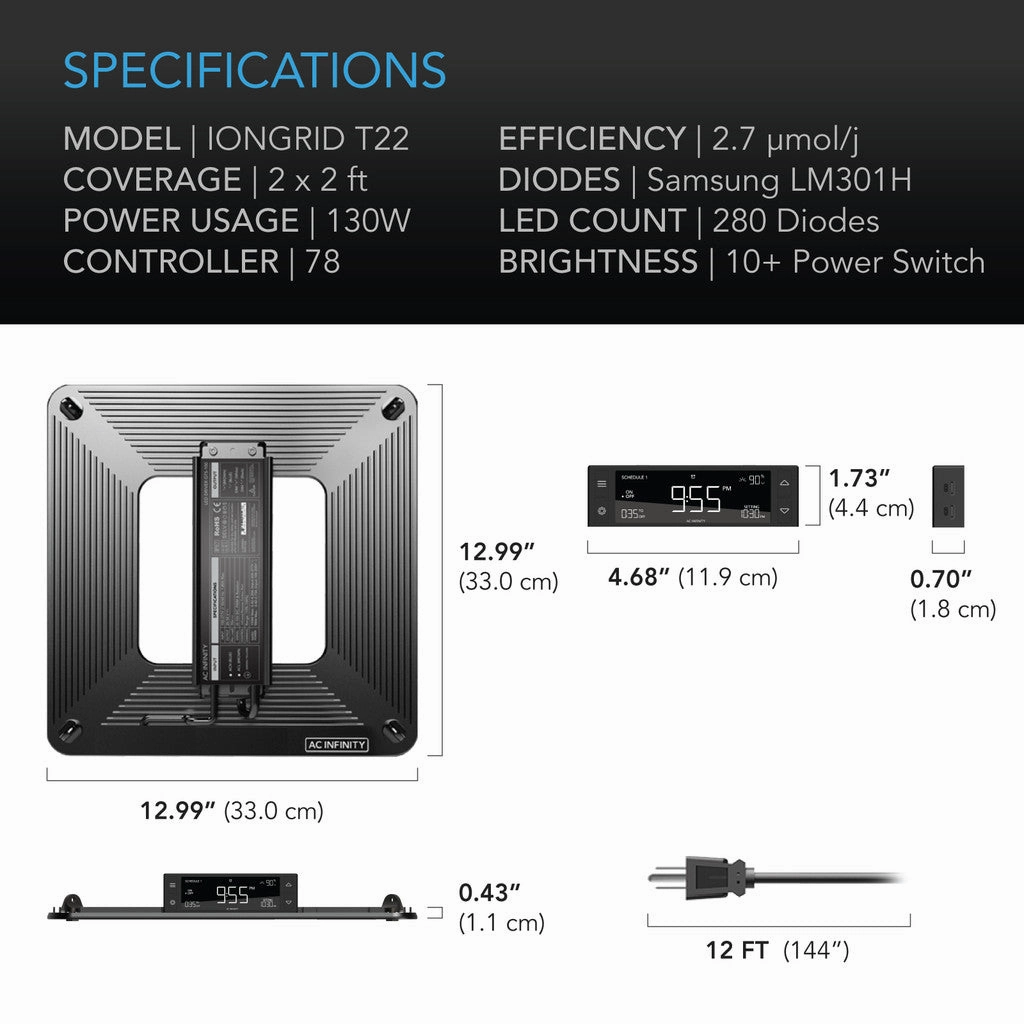 AC INFINITY IONGRID T22, FULL SPECTRUM LED GROW LIGHT 130W, SAMSUNG LM301H, 2X2 FT. COVERAGE
