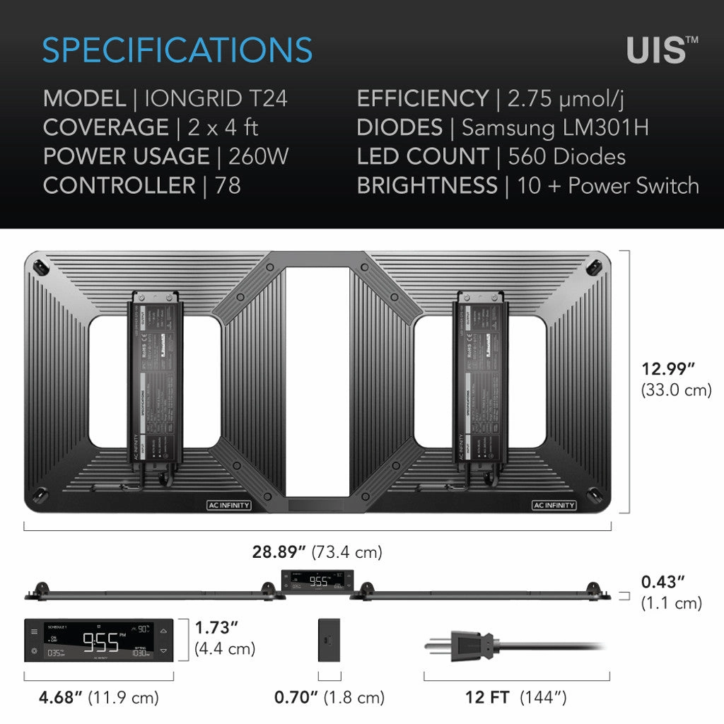 AC INFINITY IONGRID T24, FULL SPECTRUM LED GROW LIGHT 260W, SAMSUNG LM301H, 2X4 FT. COVERAGE