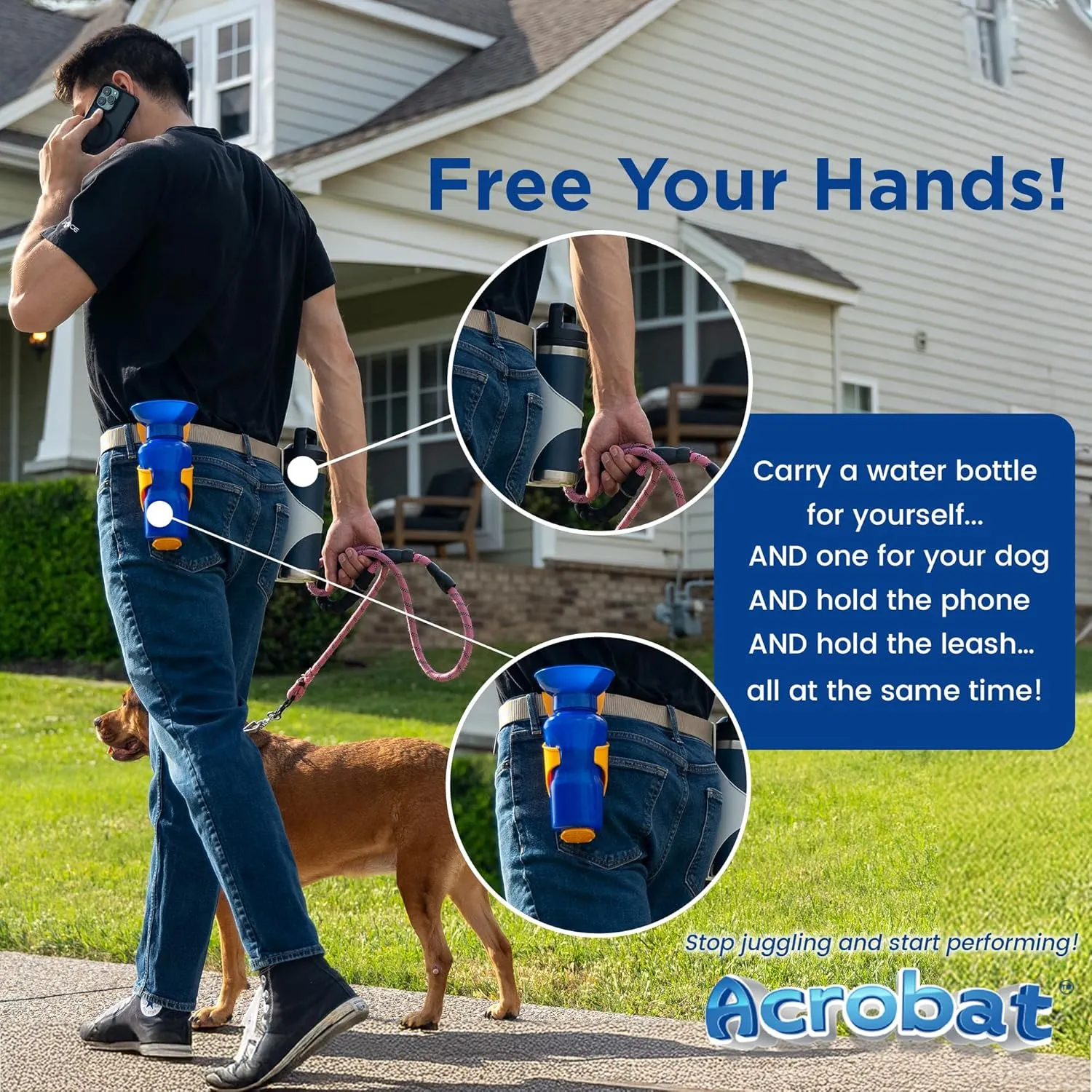 Acrobat - Water Bottle Holder - OR - Patented Hands-Free Carrier for Portable Drink Containers - Lightweight & Durable Plastic - Accessories for Dog Walking, Hiking, Traveling, Construction - USA
