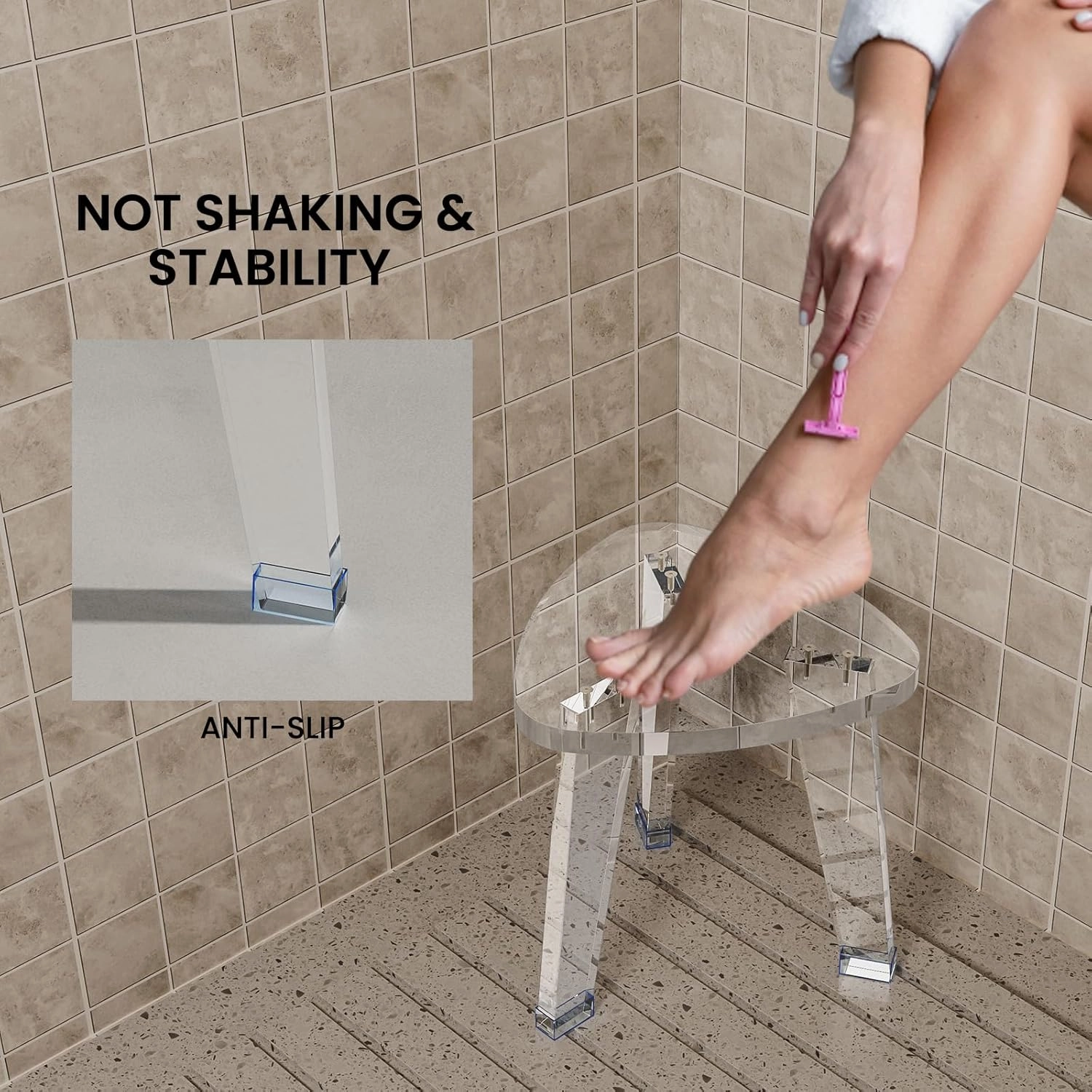 Acrylic Corner Shower Stool for Shaving Legs 11.65" D X 11.94" W X 12.2" H, Heavy Duty Shower Foot Rest, for Inside Shower, Waterproof Non-Slip