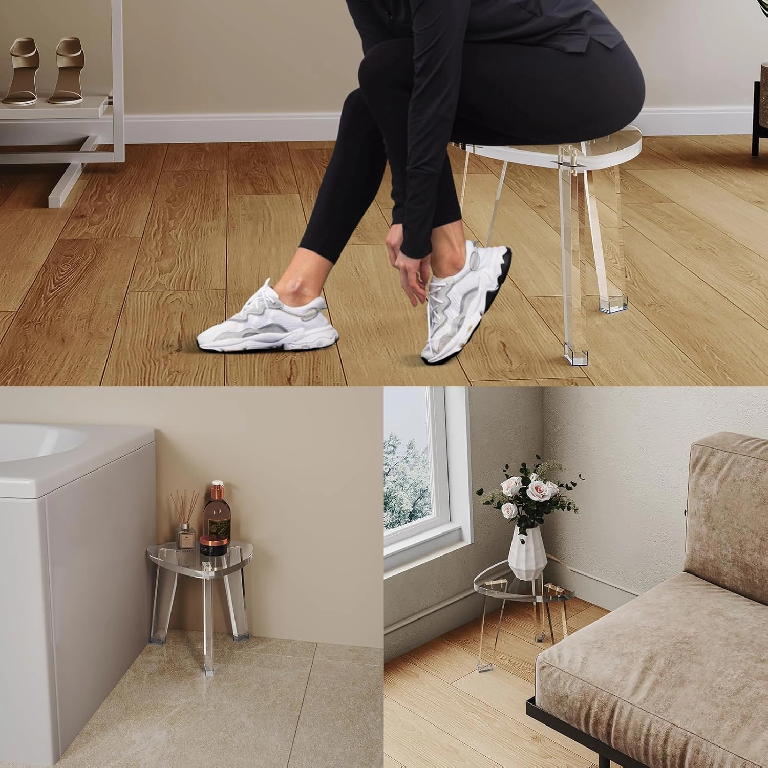 Acrylic Corner Shower Stool for Shaving Legs 11.65" D X 11.94" W X 12.2" H, Heavy Duty Shower Foot Rest, for Inside Shower, Waterproof Non-Slip