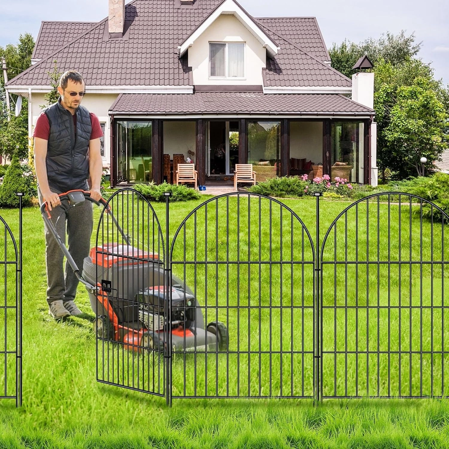 ADAVIN Garden Fence Animal Barrier with Gate 36 in(H)×30.6 Ft(L) 14 Panels,Rustproof Metal Wire Tall Fencing Border for Dogs Rabbits,Outdoor no dig pet Fences, Arched Black Flower Edging for Yard
