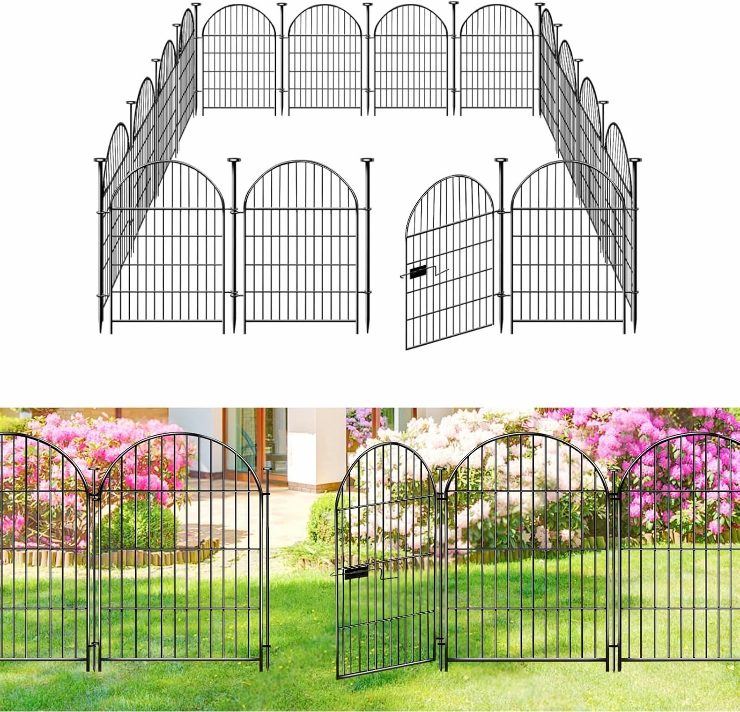 ADAVIN Garden Fence Animal Barrier with Gate 36 in(H)×30.6 Ft(L) 14 Panels,Rustproof Metal Wire Tall Fencing Border for Dogs Rabbits,Outdoor no dig pet Fences, Arched Black Flower Edging for Yard