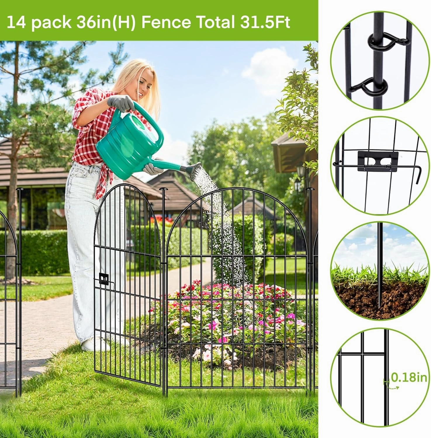 ADAVIN Garden Fence Animal Barrier with Gate 36 in(H)×30.6 Ft(L) 14 Panels,Rustproof Metal Wire Tall Fencing Border for Dogs Rabbits,Outdoor no dig pet Fences, Arched Black Flower Edging for Yard