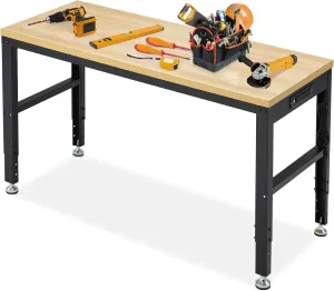 Adjustable Height Wood Workbench, 60" L X 24" W 2000 Lbs Capacity Heavy Duty Work Bench, Smooth Surface Table with Power Outlets for Garage, Workshop, Office, Home