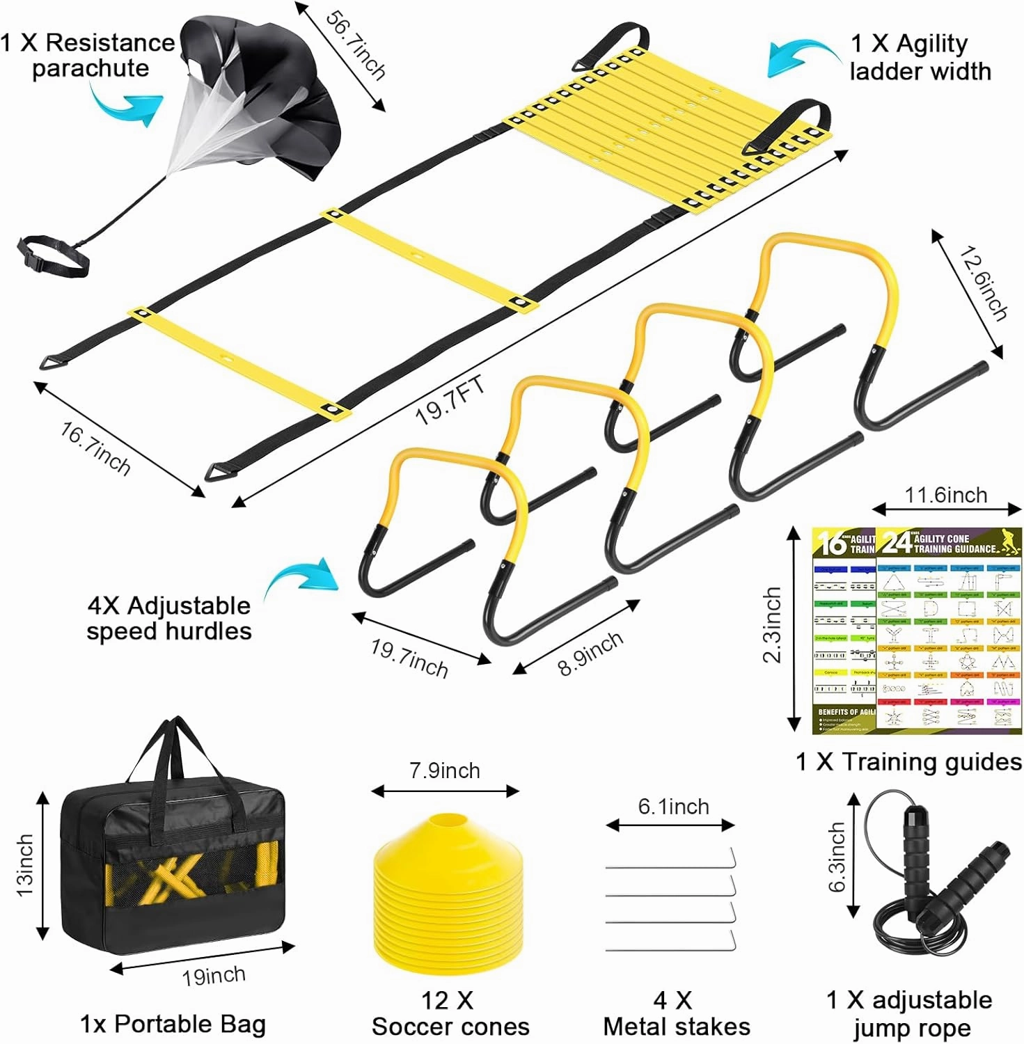 Agility Speed Training Equipment Set - 20ft Speed Ladder, 12 Cones, 4 Adjustable Hurdles, Jump Rope, Parachute | Ideal for Basketball, Football, Soccer, for Kids, Youth, Adults