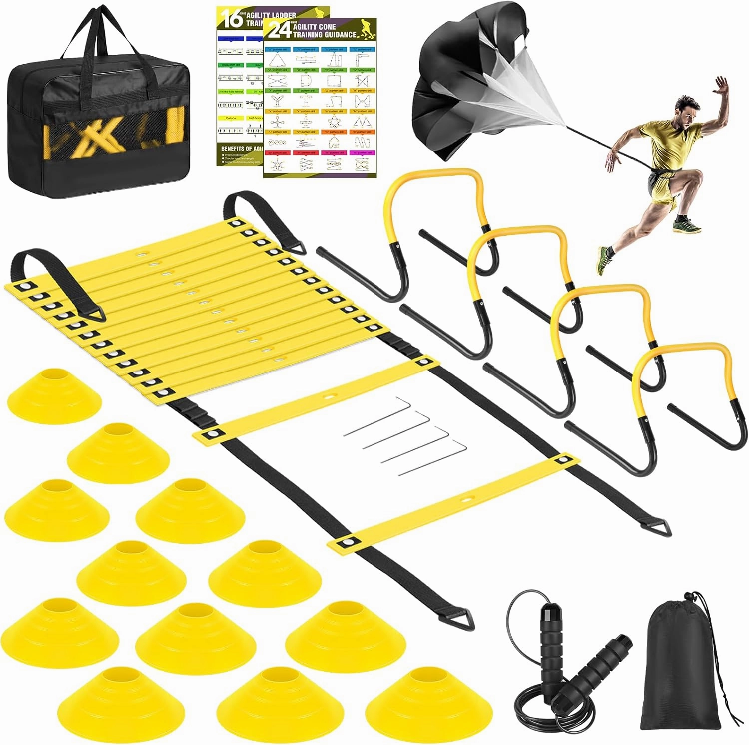 Agility Speed Training Equipment Set - 20ft Speed Ladder, 12 Cones, 4 Adjustable Hurdles, Jump Rope, Parachute | Ideal for Basketball, Football, Soccer, for Kids, Youth, Adults