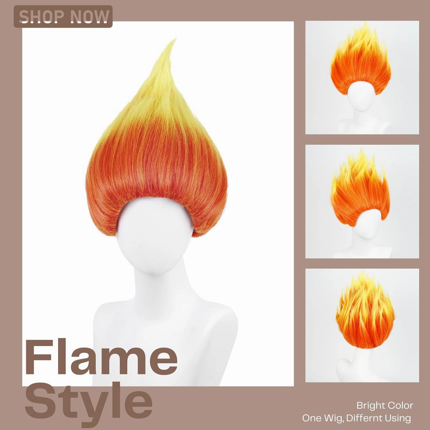 Aicos Orange Yellow Flame Fire Wig for Men Women Anger Cosplay Wigs for Halloween Costume Wig Cap