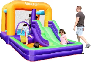 AirMyFun Inflatable Bounce House with Long Slide, Big Kids Bouncy House with Blower, Ball Pool, Basketball Hoop - Jumping Castle for Indoor and Outdoor Family Backyard Fun and Parties.