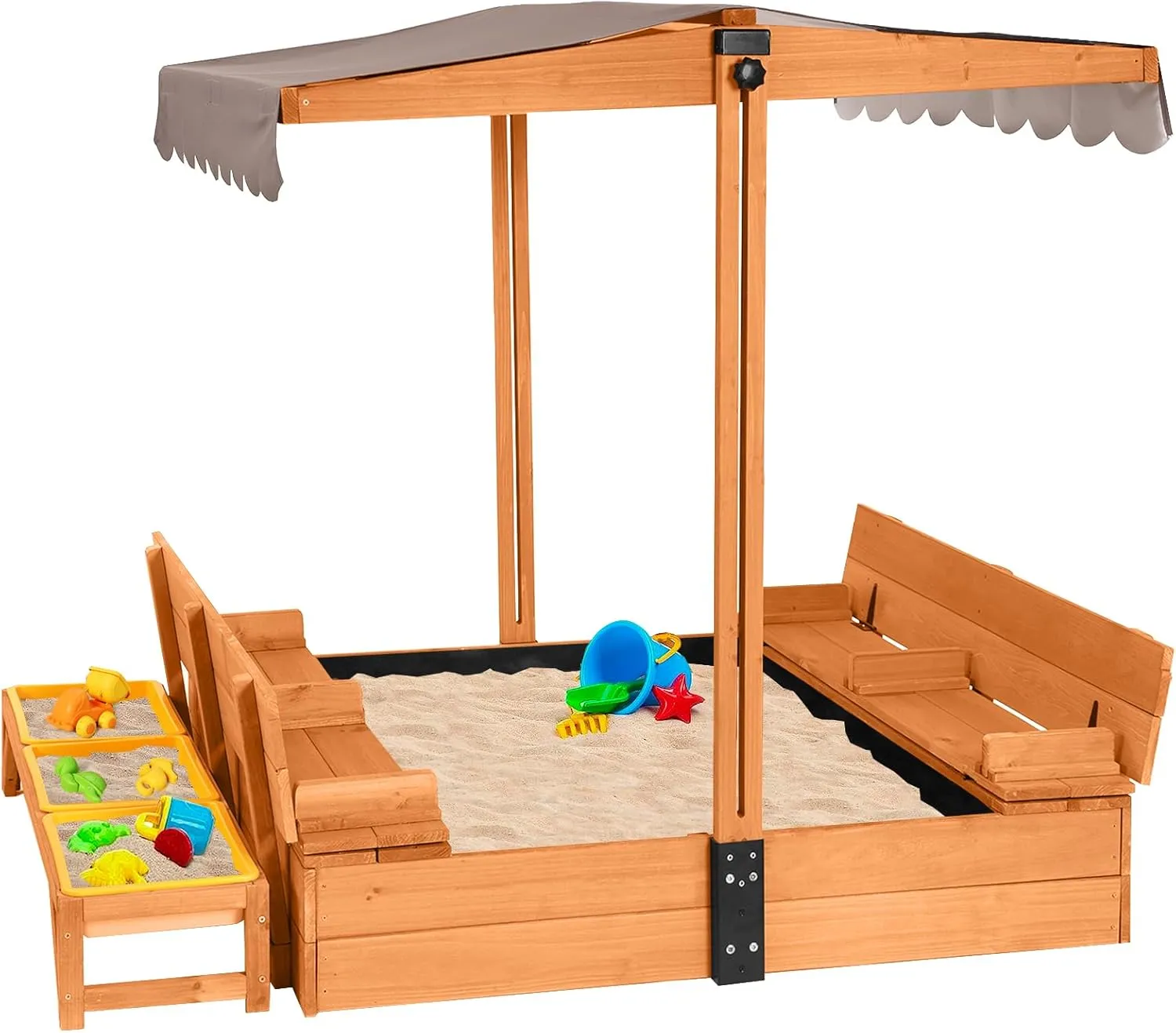 Aivituvin Kids Wooden Sandbox for Backyard, Large Sand Box with 2 Bench Seats and Toy Bin Storage- Bottomless Sand Pit