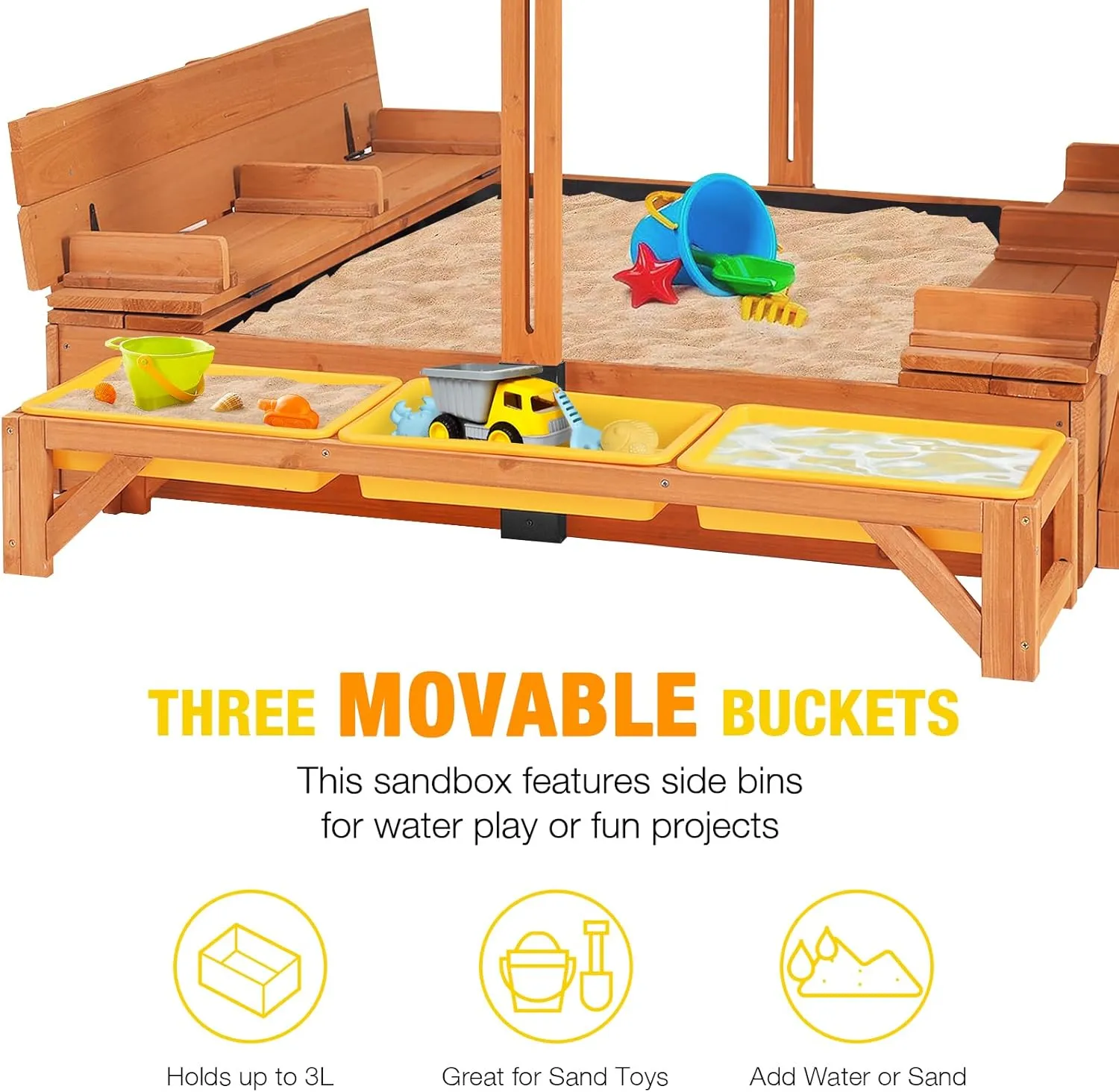 Aivituvin Kids Wooden Sandbox for Backyard, Large Sand Box with 2 Bench Seats and Toy Bin Storage- Bottomless Sand Pit