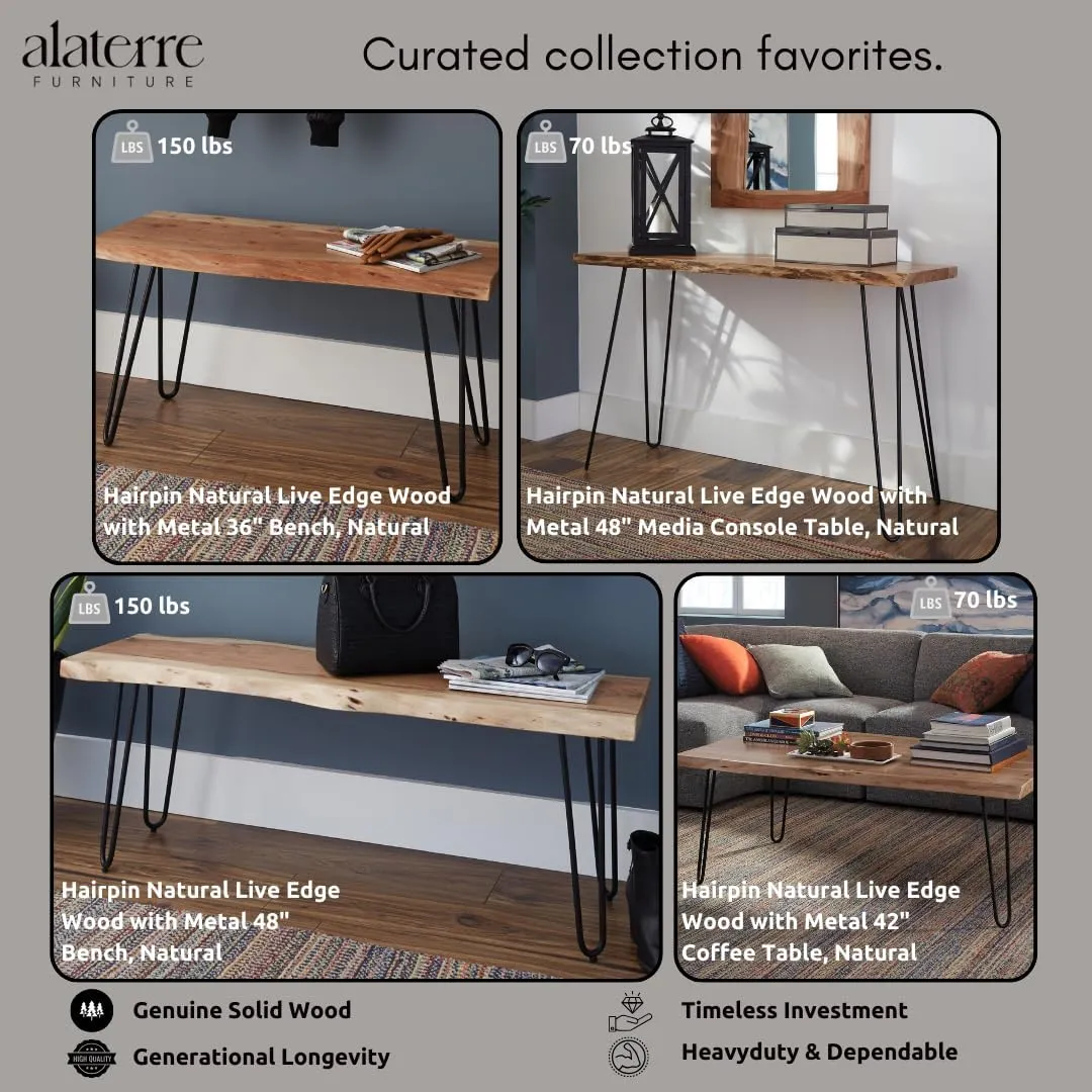 Alaterre Furniture Live Edge Bench with Natural Wood and Metal Hairpin Legs - 36 Inch Table Bench with Unique Rustic Look, Versatile Multi-Purpose Modern Design, Sturdy, Durable, and Easy Assembly