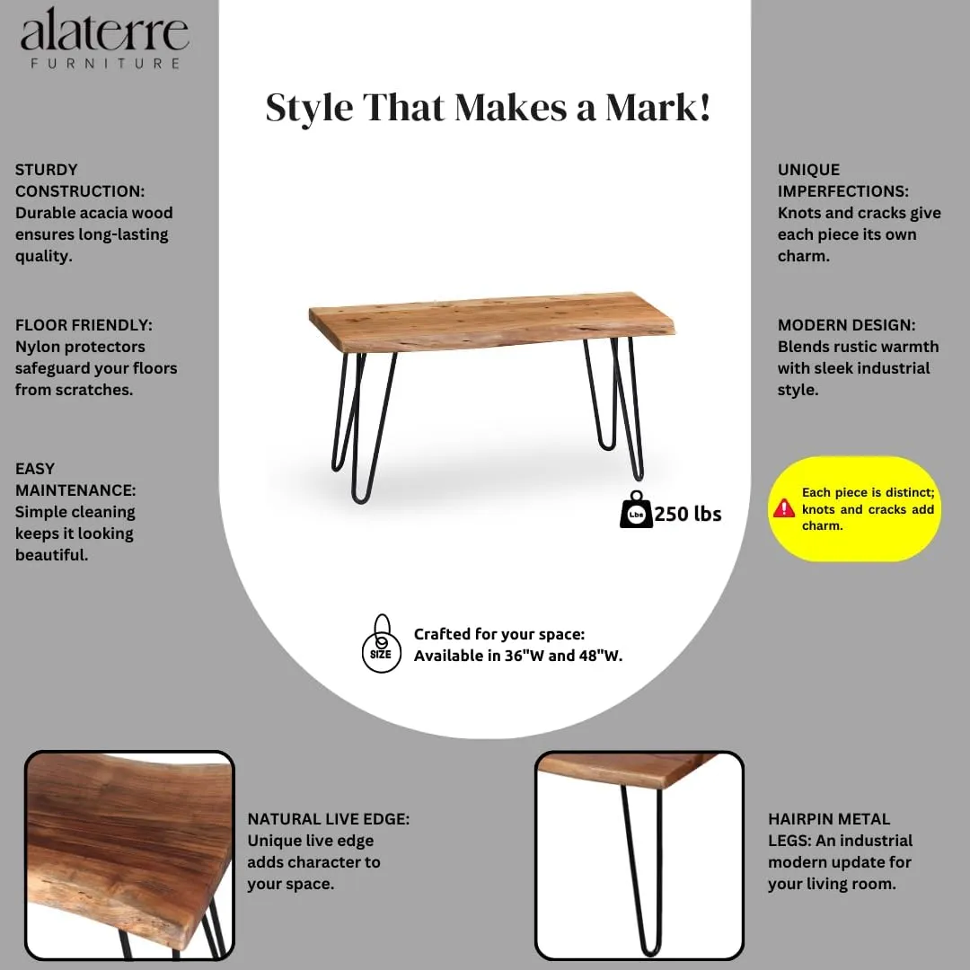 Alaterre Furniture Live Edge Bench with Natural Wood and Metal Hairpin Legs - 36 Inch Table Bench with Unique Rustic Look, Versatile Multi-Purpose Modern Design, Sturdy, Durable, and Easy Assembly