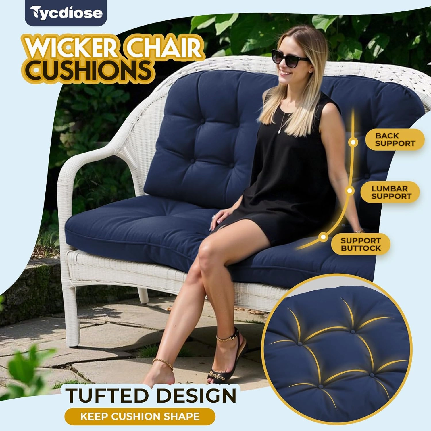 All Weather Wicker Chair Cushions of 3 Pieces, Waterproof Outdoor Wicker Chair Cushion for Patio Furniture Loveseat Settee Bench, 1 Loveseat and 2 U-Shaped Thickened Cushions, Blue