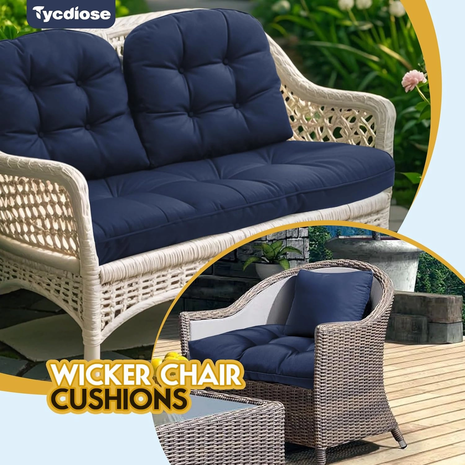 All Weather Wicker Chair Cushions of 3 Pieces, Waterproof Outdoor Wicker Chair Cushion for Patio Furniture Loveseat Settee Bench, 1 Loveseat and 2 U-Shaped Thickened Cushions, Blue