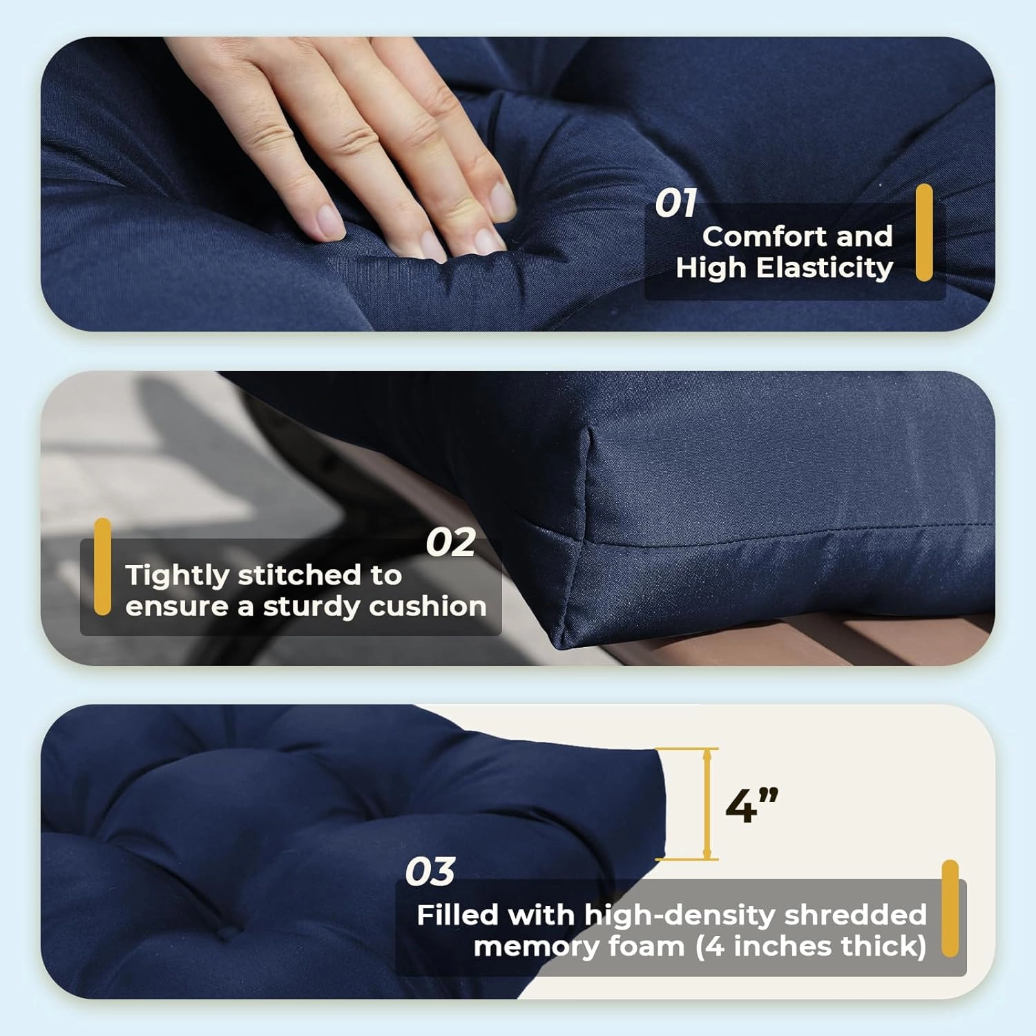 All Weather Wicker Chair Cushions of 3 Pieces, Waterproof Outdoor Wicker Chair Cushion for Patio Furniture Loveseat Settee Bench, 1 Loveseat and 2 U-Shaped Thickened Cushions, Blue
