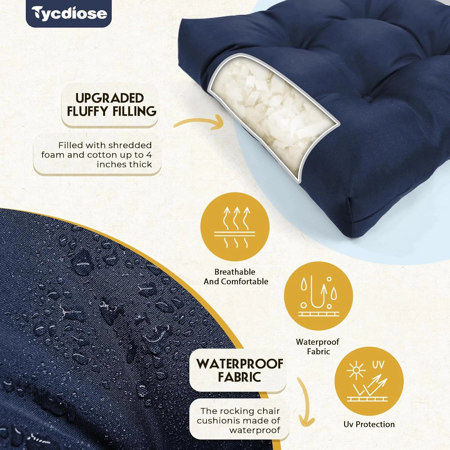 All Weather Wicker Chair Cushions of 3 Pieces, Waterproof Outdoor Wicker Chair Cushion for Patio Furniture Loveseat Settee Bench, 1 Loveseat and 2 U-Shaped Thickened Cushions, Blue