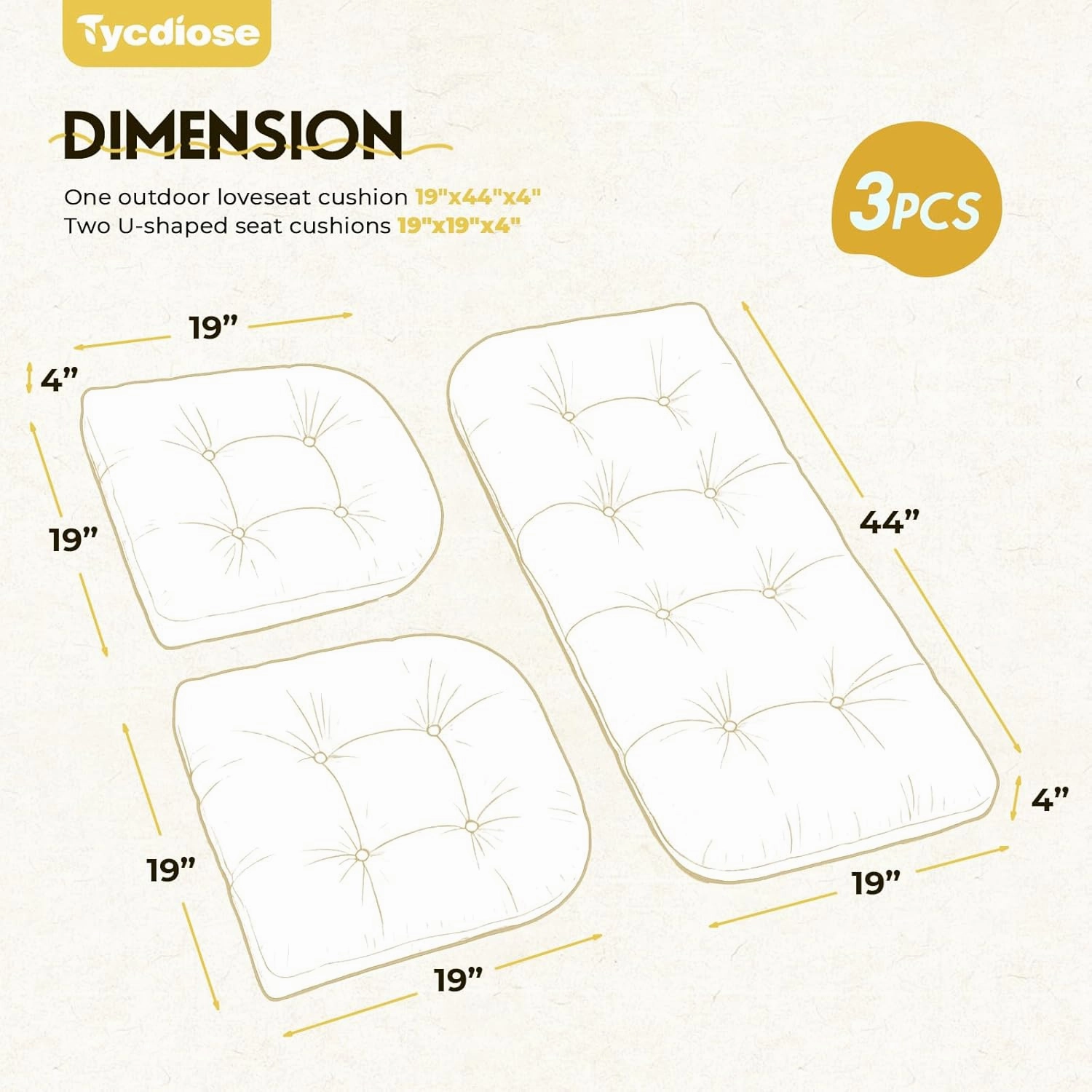 All Weather Wicker Chair Cushions of 3 Pieces, Waterproof Outdoor Wicker Chair Cushion for Patio Furniture Loveseat Settee Bench, 1 Loveseat and 2 U-Shaped Thickened Cushions, Cream