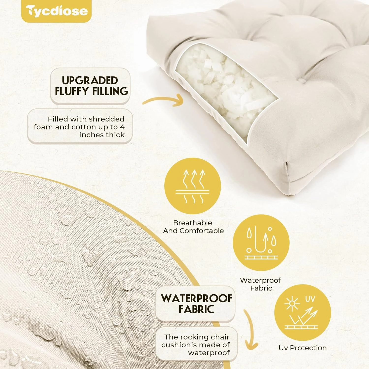 All Weather Wicker Chair Cushions of 3 Pieces, Waterproof Outdoor Wicker Chair Cushion for Patio Furniture Loveseat Settee Bench, 1 Loveseat and 2 U-Shaped Thickened Cushions, Cream