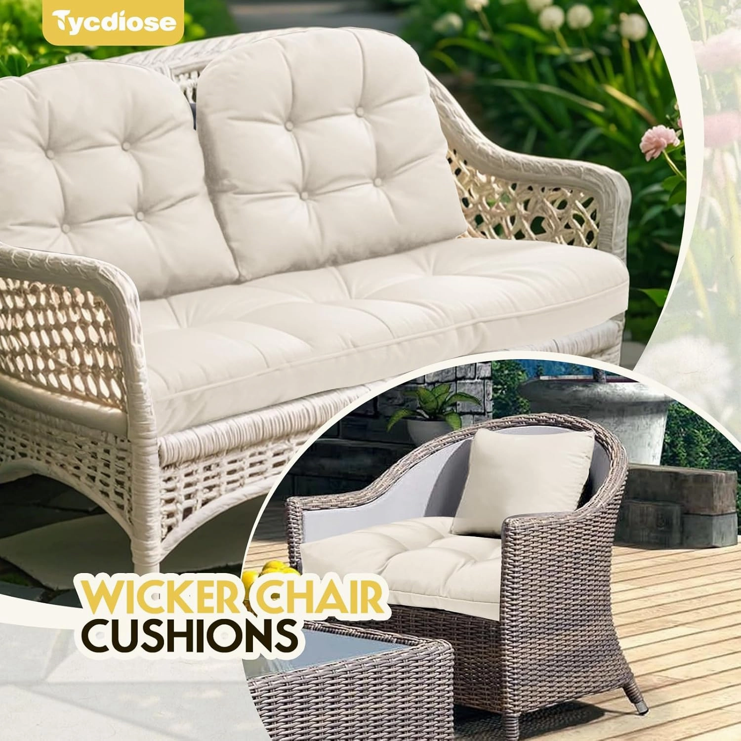 All Weather Wicker Chair Cushions of 3 Pieces, Waterproof Outdoor Wicker Chair Cushion for Patio Furniture Loveseat Settee Bench, 1 Loveseat and 2 U-Shaped Thickened Cushions, Cream