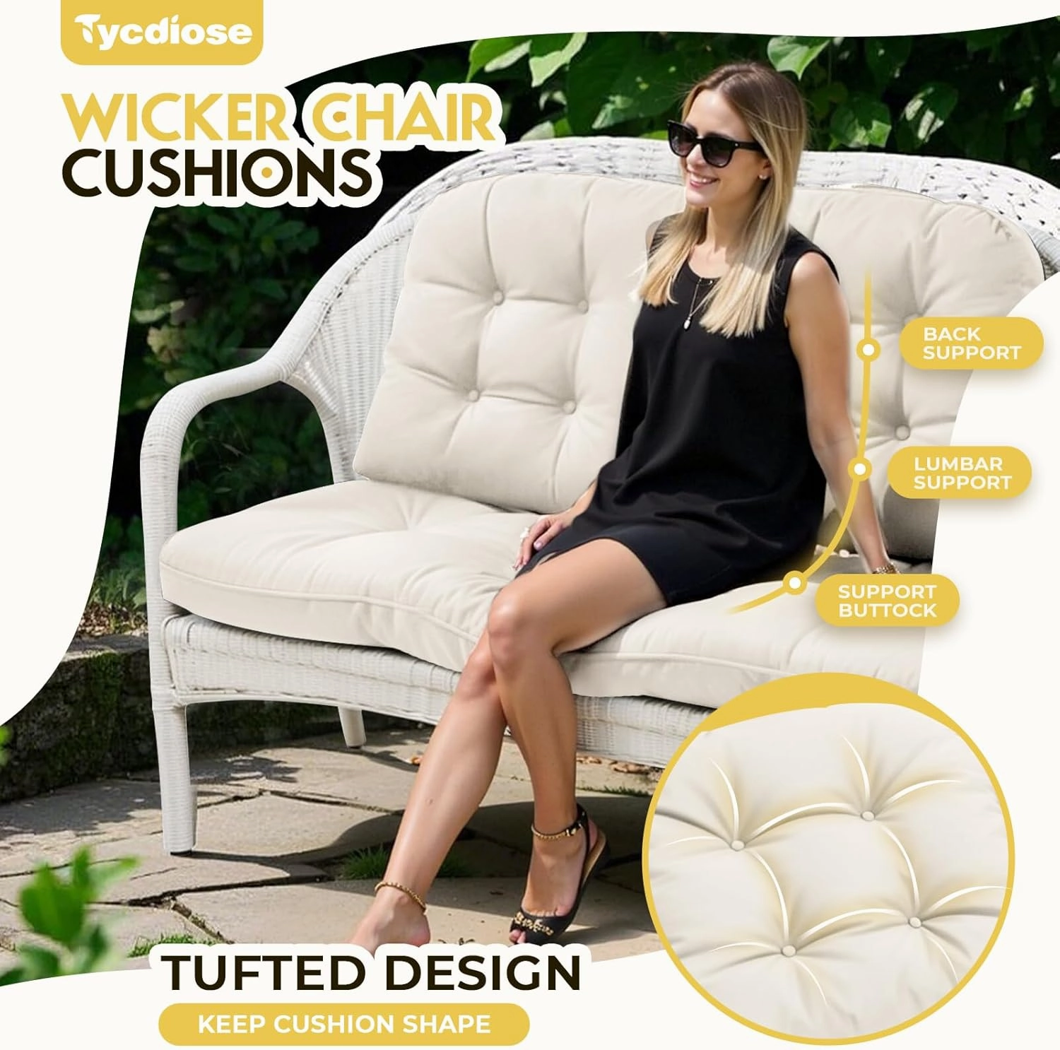 All Weather Wicker Chair Cushions of 3 Pieces, Waterproof Outdoor Wicker Chair Cushion for Patio Furniture Loveseat Settee Bench, 1 Loveseat and 2 U-Shaped Thickened Cushions, Cream
