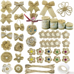 Allazone 47 PCS Natural Burlap Flowers Set, 4 Rolls Lace Burlap Ribbon and 40 PCS Handmade Burlap Rose Flowers, 1 Twine Ribbon and Glue Point for DIY Craft Wedding Party Gift Decor (Style 1)