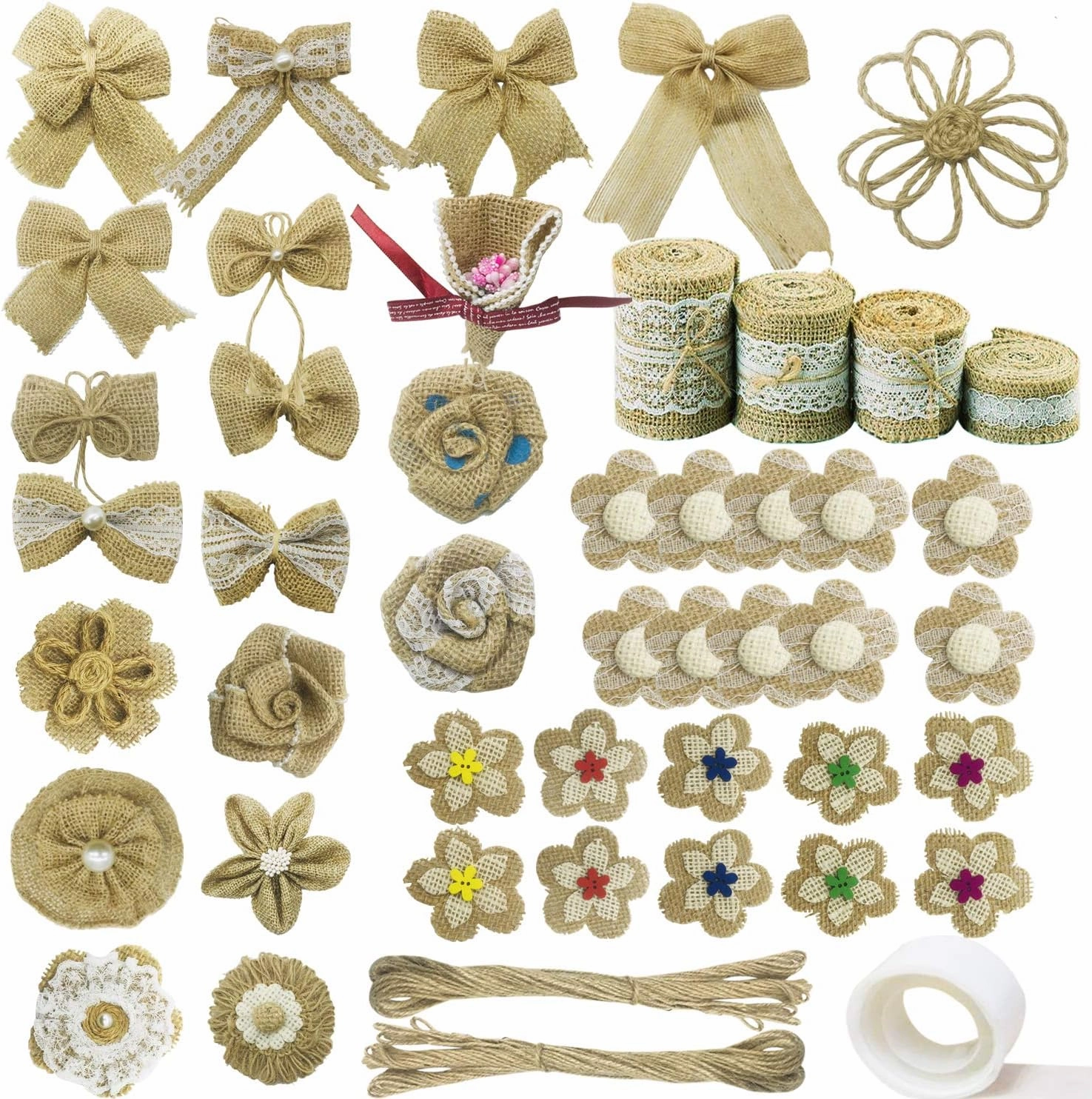 Allazone 47 PCS Natural Burlap Flowers Set, 4 Rolls Lace Burlap Ribbon and 40 PCS Handmade Burlap Rose Flowers, 1 Twine Ribbon and Glue Point for DIY Craft Wedding Party Gift Decor (Style 1)