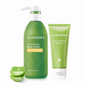 Aloderma Aloe Shower Set - Nourishing Body Wash, Hydrating Facial Cleanser