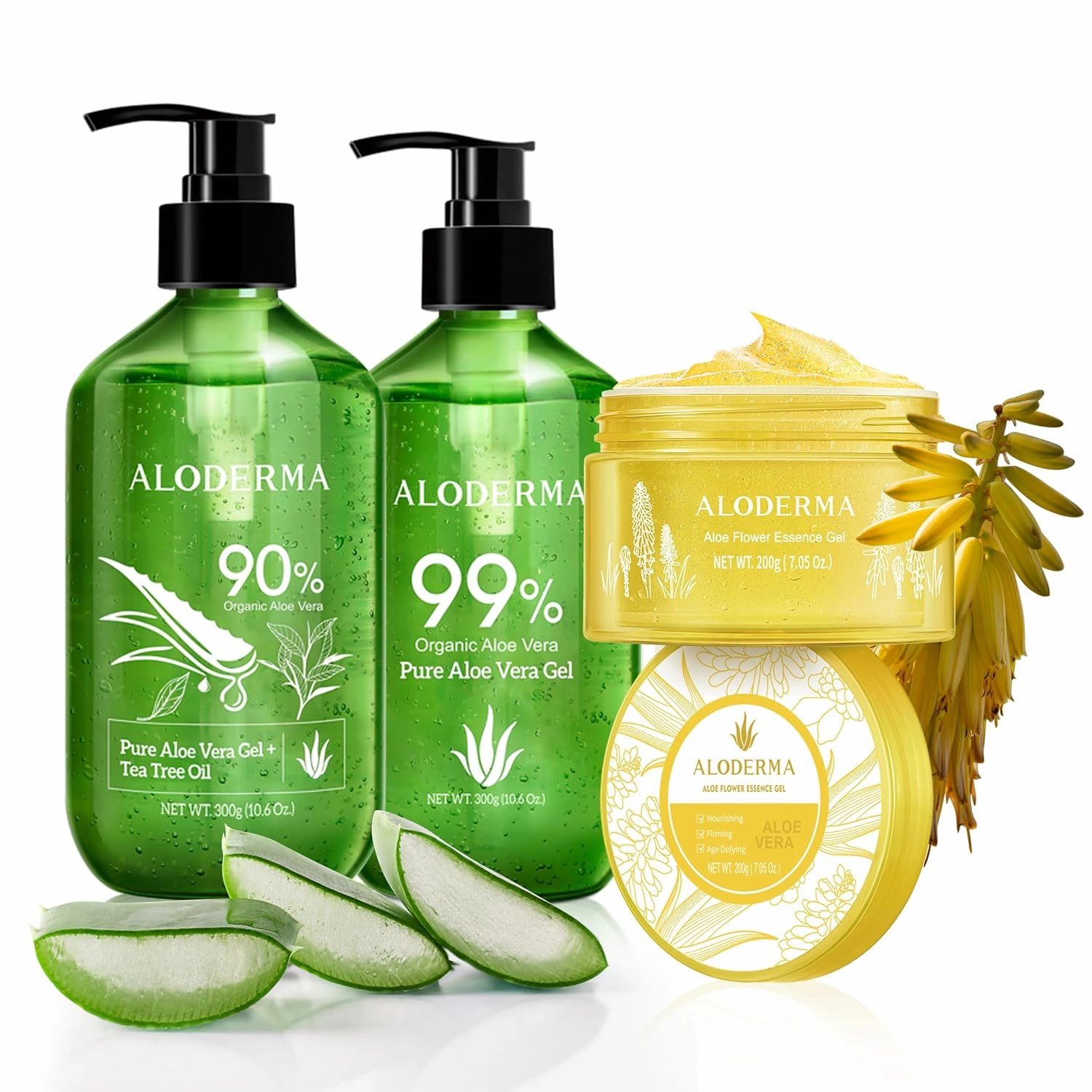 Aloderma Aloe Vera Gel Set 3 Pack - Aloe Flower Essence Gel, Pure Aloe Vera Gel, Aloe Vera Gel   Tea Tree Oil