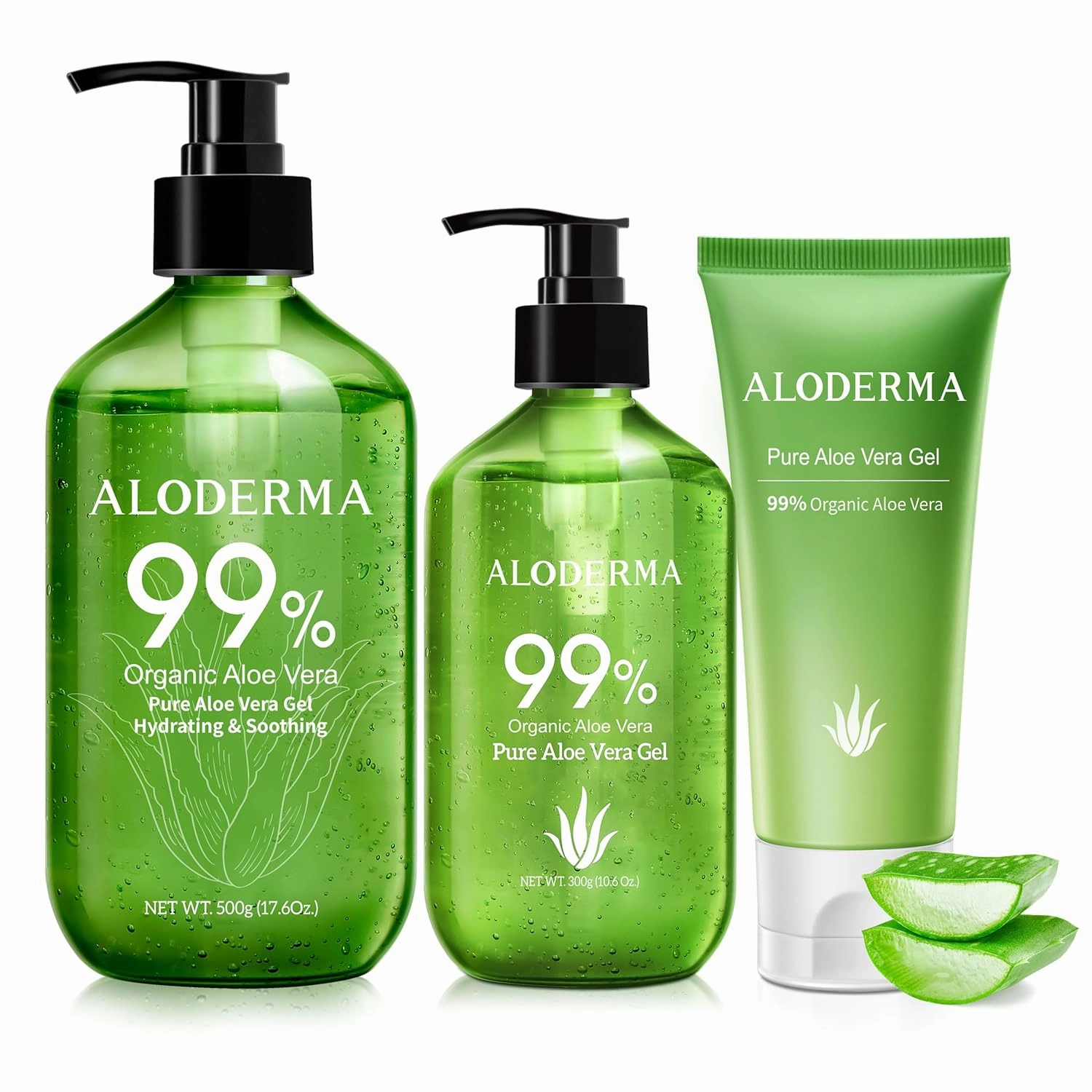 Aloderma Aloe Vera Gel Set, 3 Pieces - 500g Aloe Vera Gel, 300g Aloe Vera Gel, 114g Aloe Vera Gel