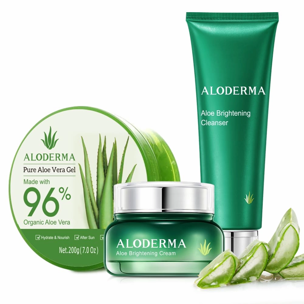 Aloderma Basic Aloe Brightening Skin Care Set - 3 Pieces - Cleanser, Cream, 200g Aloe Vera Gel