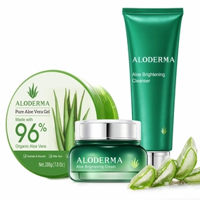 Aloderma Basic Aloe Brightening Skin Care Set - 3 Pieces - Cleanser, Cream, 200g Aloe Vera Gel