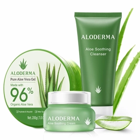 Aloderma Basic Aloe Soothing & Repairing Skin Care Set - 4 Pieces - Soothing Cream x 2pcs, Soothing Cleanser, 200g Aloe Vera Gel