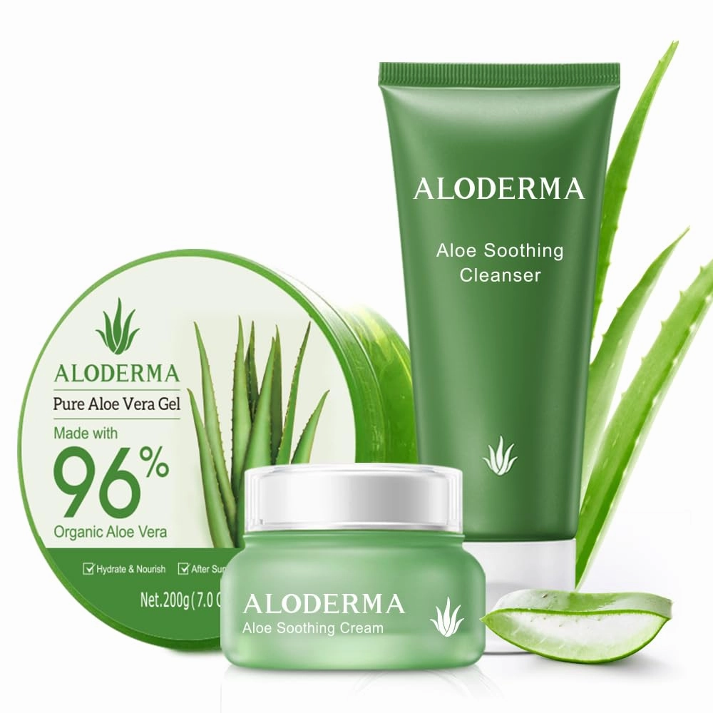 Aloderma Basic Aloe Soothing & Repairing Skin Care Set - 4 Pieces - Soothing Cream x 2pcs, Soothing Cleanser, 200g Aloe Vera Gel