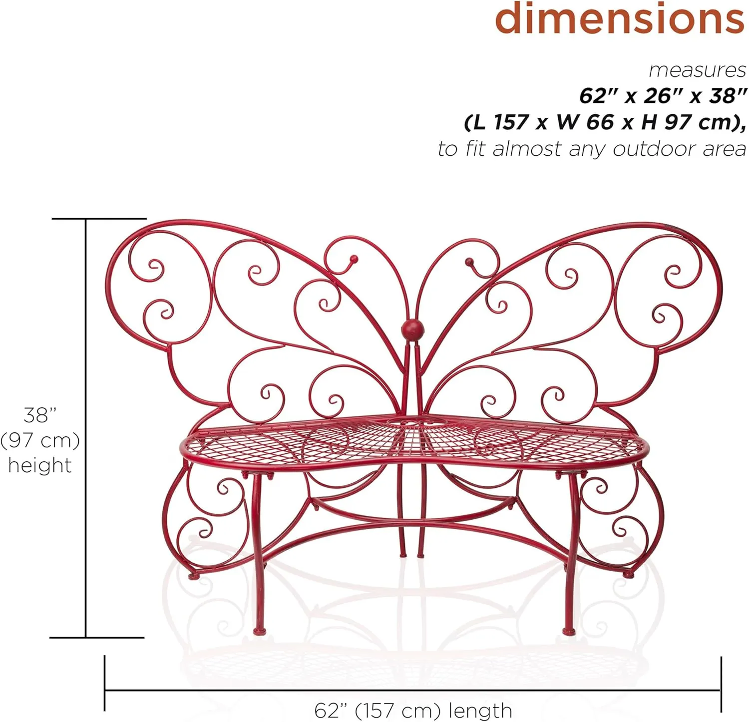 Alpine Corporation 62" x 26" Outdoor 2 Person Metal Butterfly Shaped Garden Bench, Red