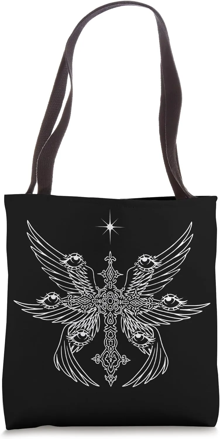 Alt Goth Emo Biblically Accurate Archangel Wings Eyes Cross Tote Bag