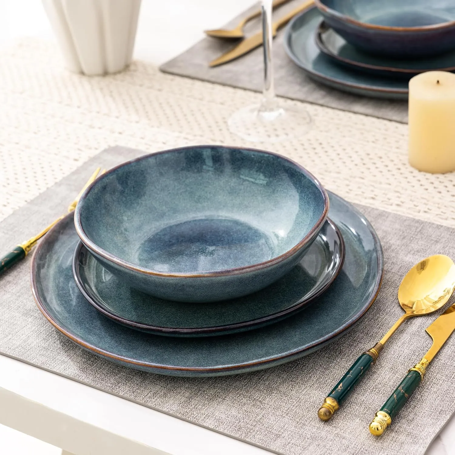 AmorArc Ceramic Dinnerware Sets,Handmade Reactive Glaze Stoneware Plates and Bowls Set,Highly Chip and Crack Resistant | Dishwasher & Microwave Safe,Service for 8 Dishes Set (24pc)