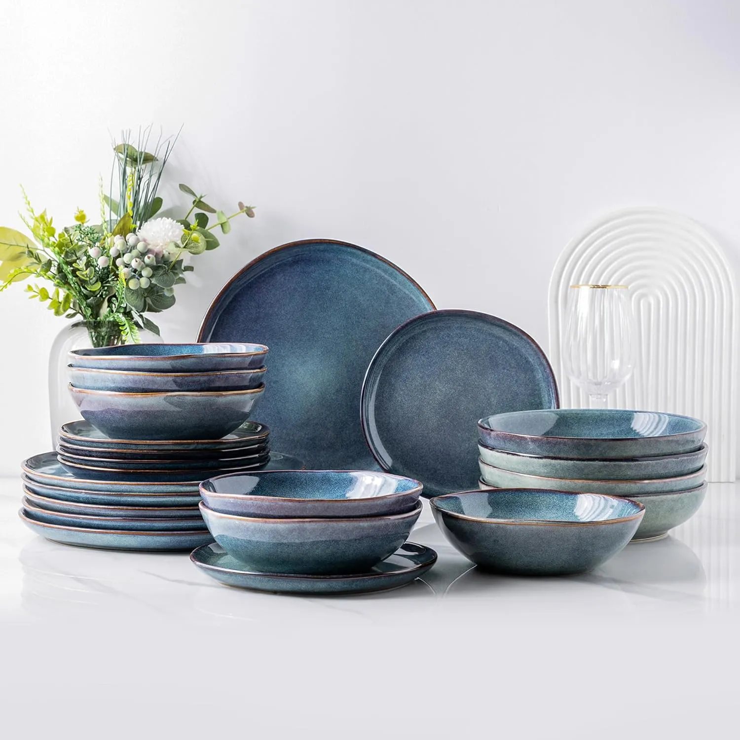 AmorArc Ceramic Dinnerware Sets,Handmade Reactive Glaze Stoneware Plates and Bowls Set,Highly Chip and Crack Resistant | Dishwasher & Microwave Safe,Service for 8 Dishes Set (24pc)