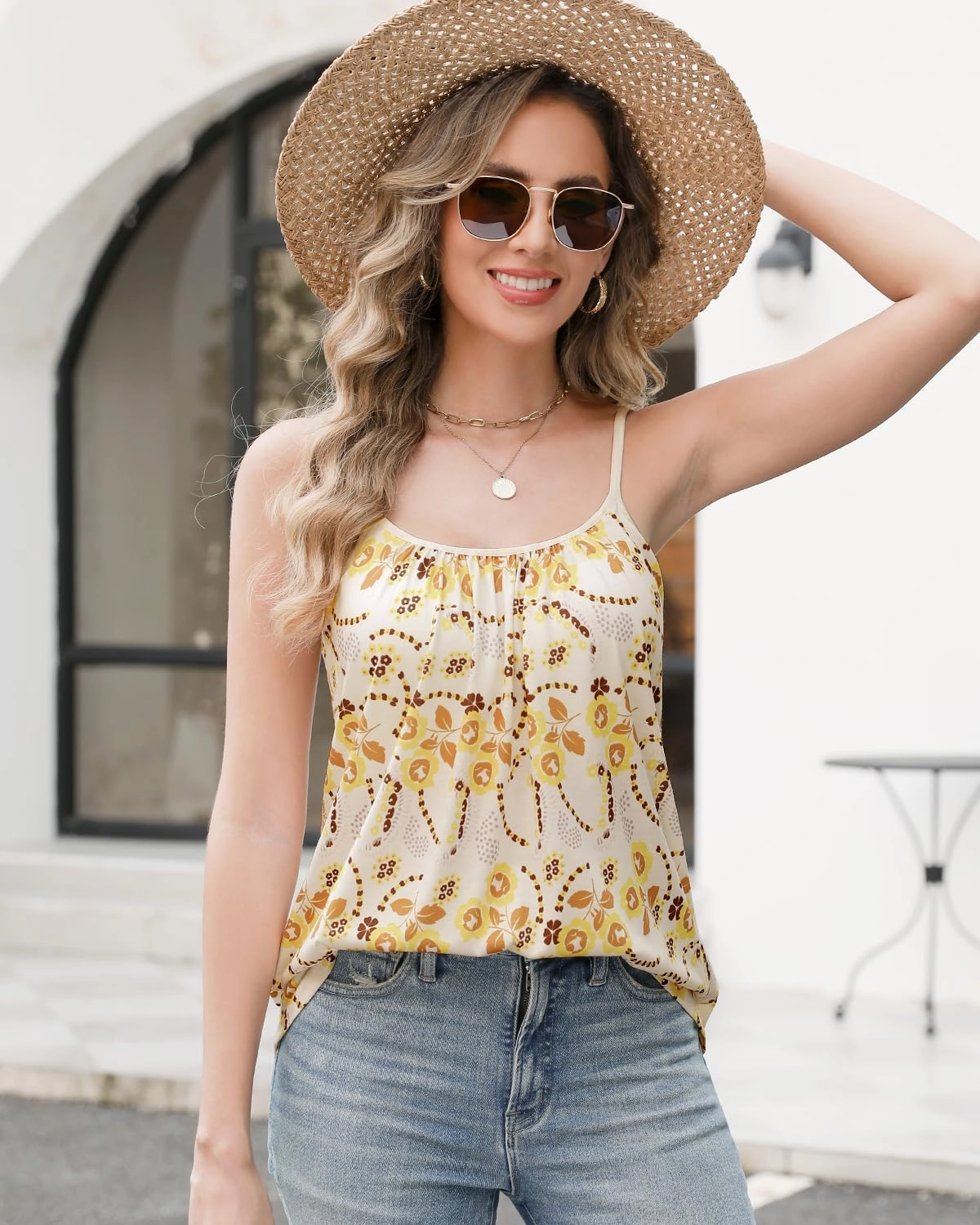AMVELOP Camisole for Women Built in Bra Casual Pleated Cami Adjustable Spaghetti Strap Tank Top Loose Fit S-XXXXL