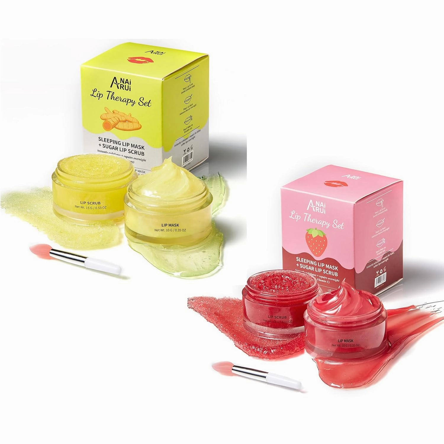 ANAI RUI Turmeric Lip Treatment Set & Strawberry Lip Care Kit with Lip Sleeping Mask   Lip Exfoliatot Scrub for Hydrating & Plumping Lips