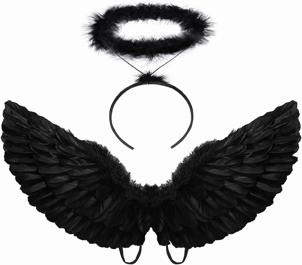 Angel costume Wings and Halo Adult Angel costumes Wings for Kids Party Children's Boys Girls Halloween (Black)