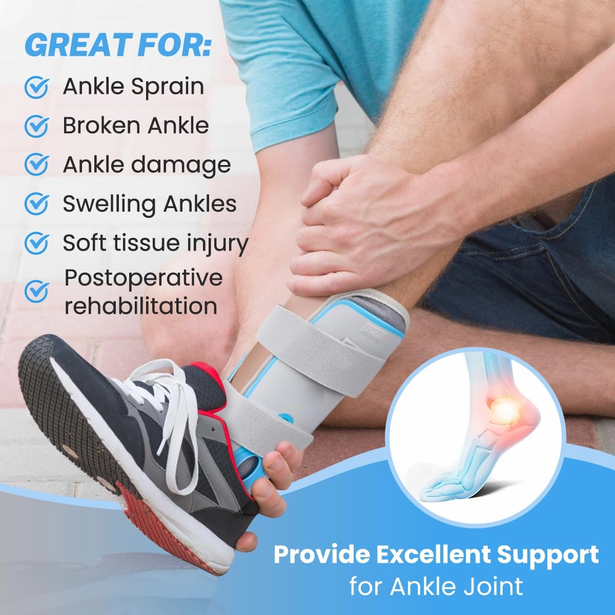 Ankle Stabilizer Support Brace with Hot Cold Therapy Gel Pad, Adjustable Ankle Rigid Stirrup Splint for Sprained, Ligament Injury, Tendonitis, Fracture, for Right & Left Foot