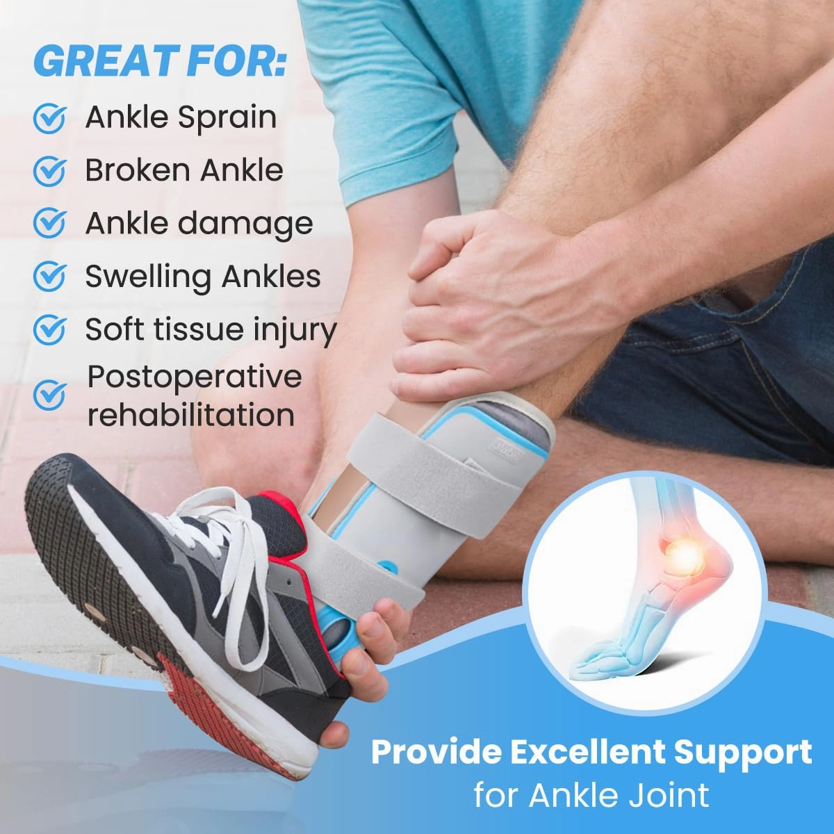 Ankle Stabilizer Support Brace with Hot Cold Therapy Gel Pad, Adjustable Ankle Rigid Stirrup Splint for Sprained, Ligament Injury, Tendonitis, Fracture, for Right & Left Foot