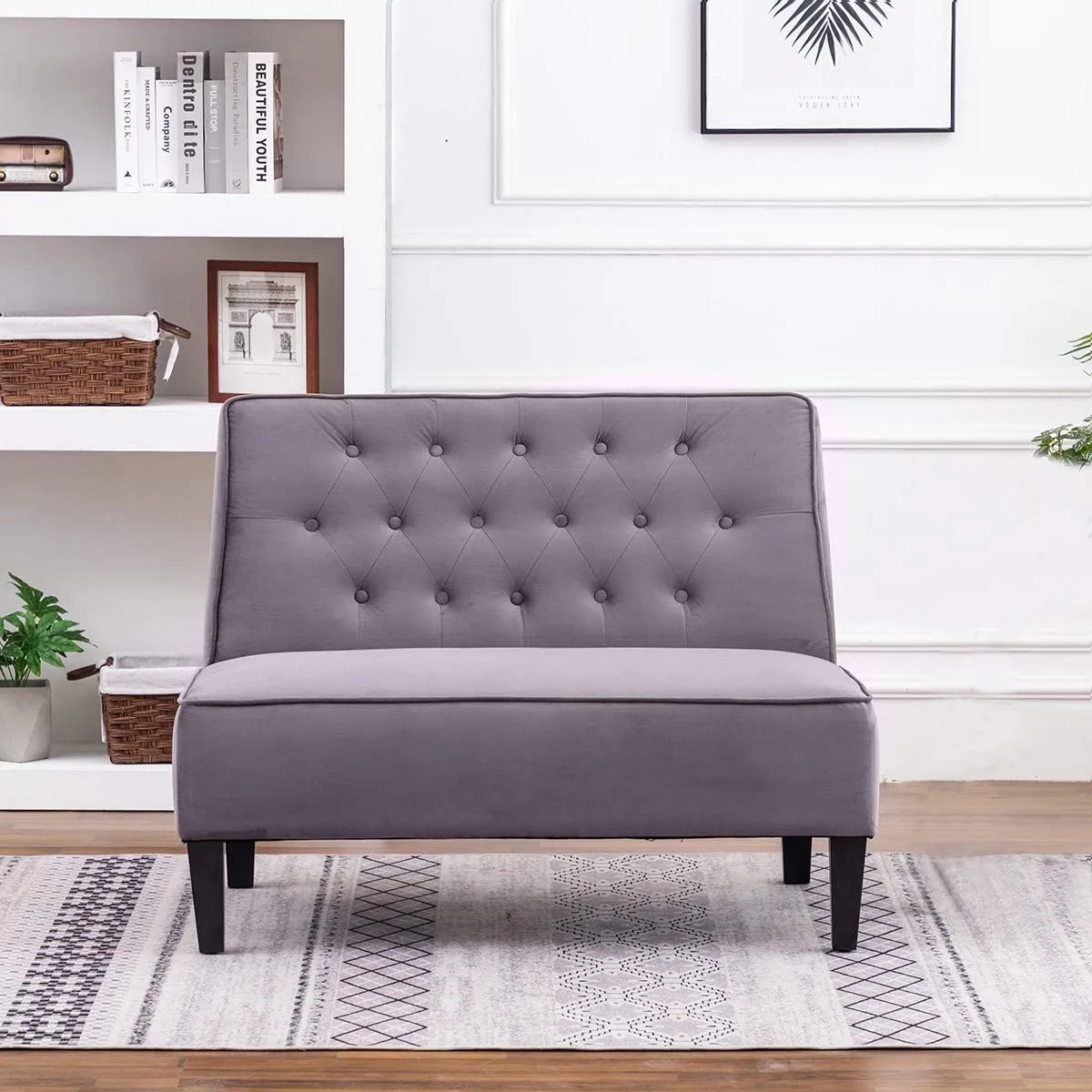 annjoe Button Tufted Loveseat Settee Upholstered Sofa Backrest Buckle Couch Banquette Bench for Dining Room Living Room Bedroom Funiture(Gray 2)